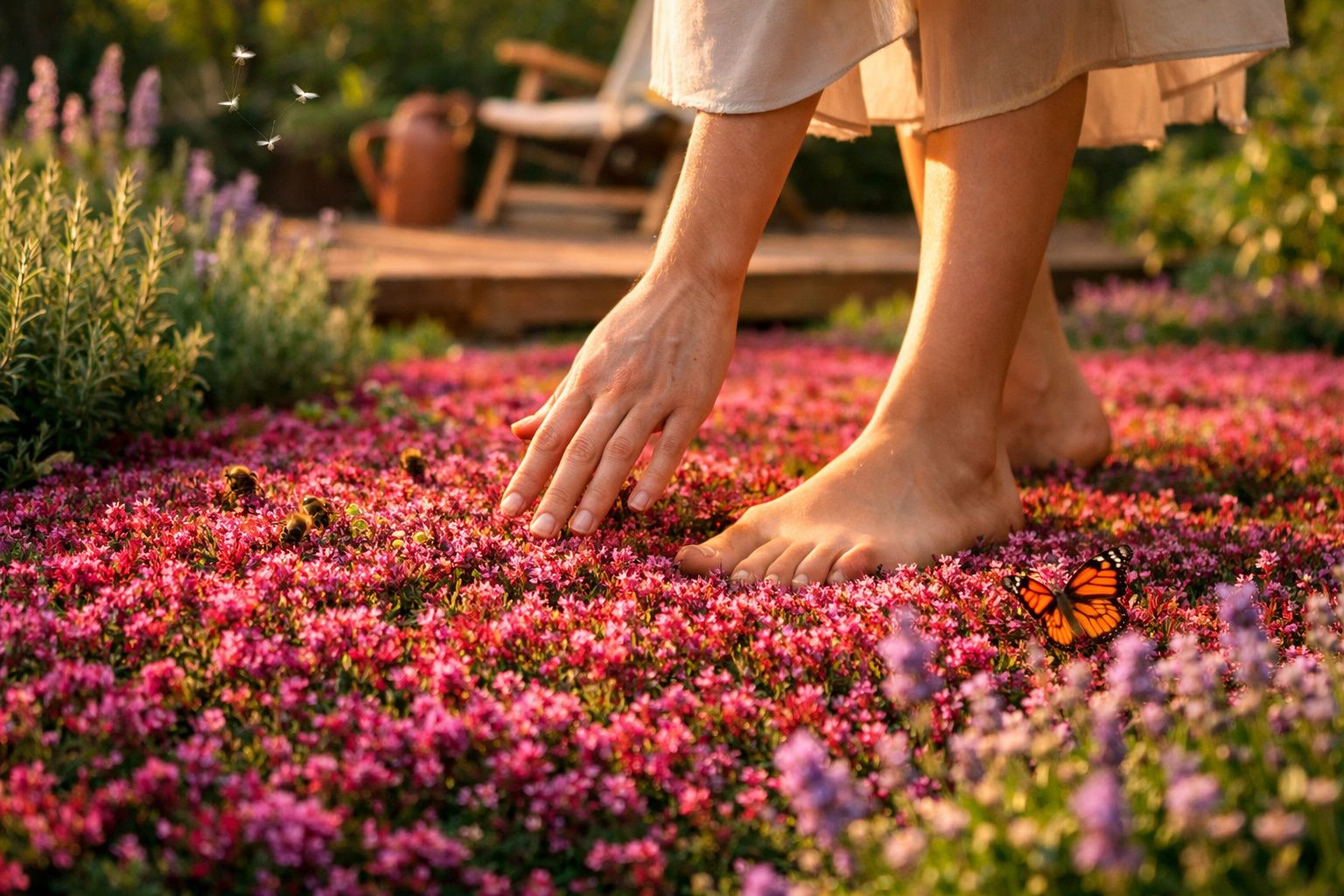 Pés e mão descalços tocando flores cor-de-rosa num jardim com borboleta laranja.