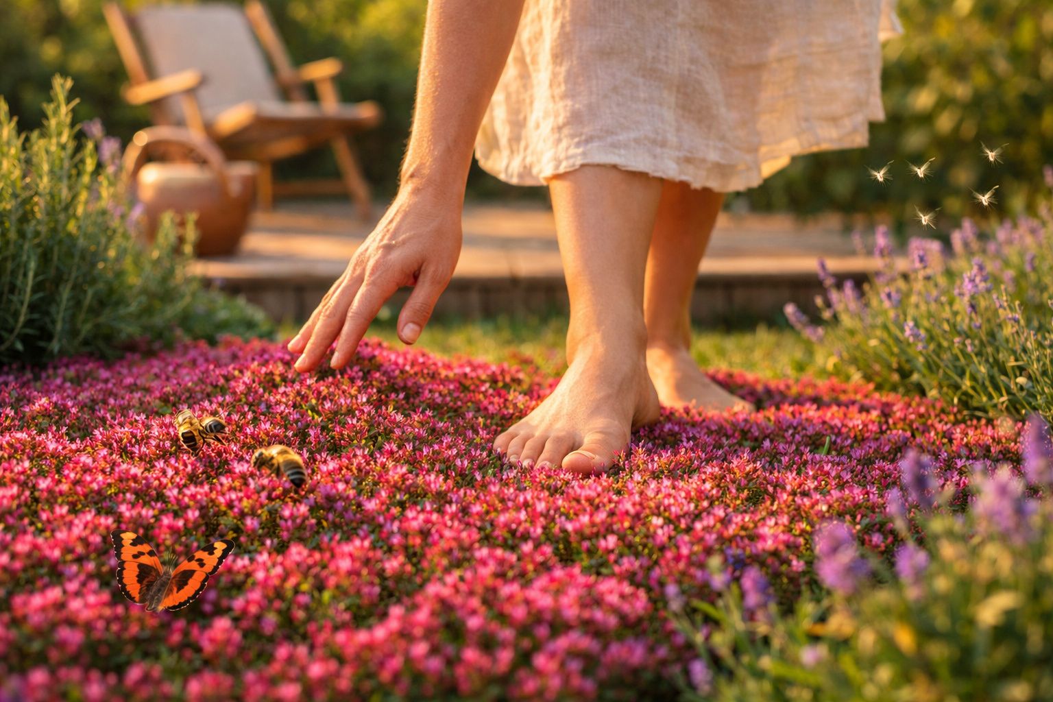 Pessoa descalça a tocar flores cor-de-rosa num jardim com abelhas e uma borboleta alaranjada.