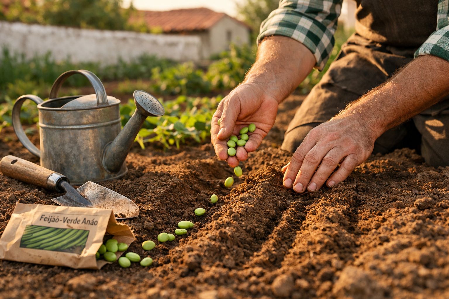 Pessoa a plantar sementes de feijão-verde anão na terra, com regador e enxada ao lado.