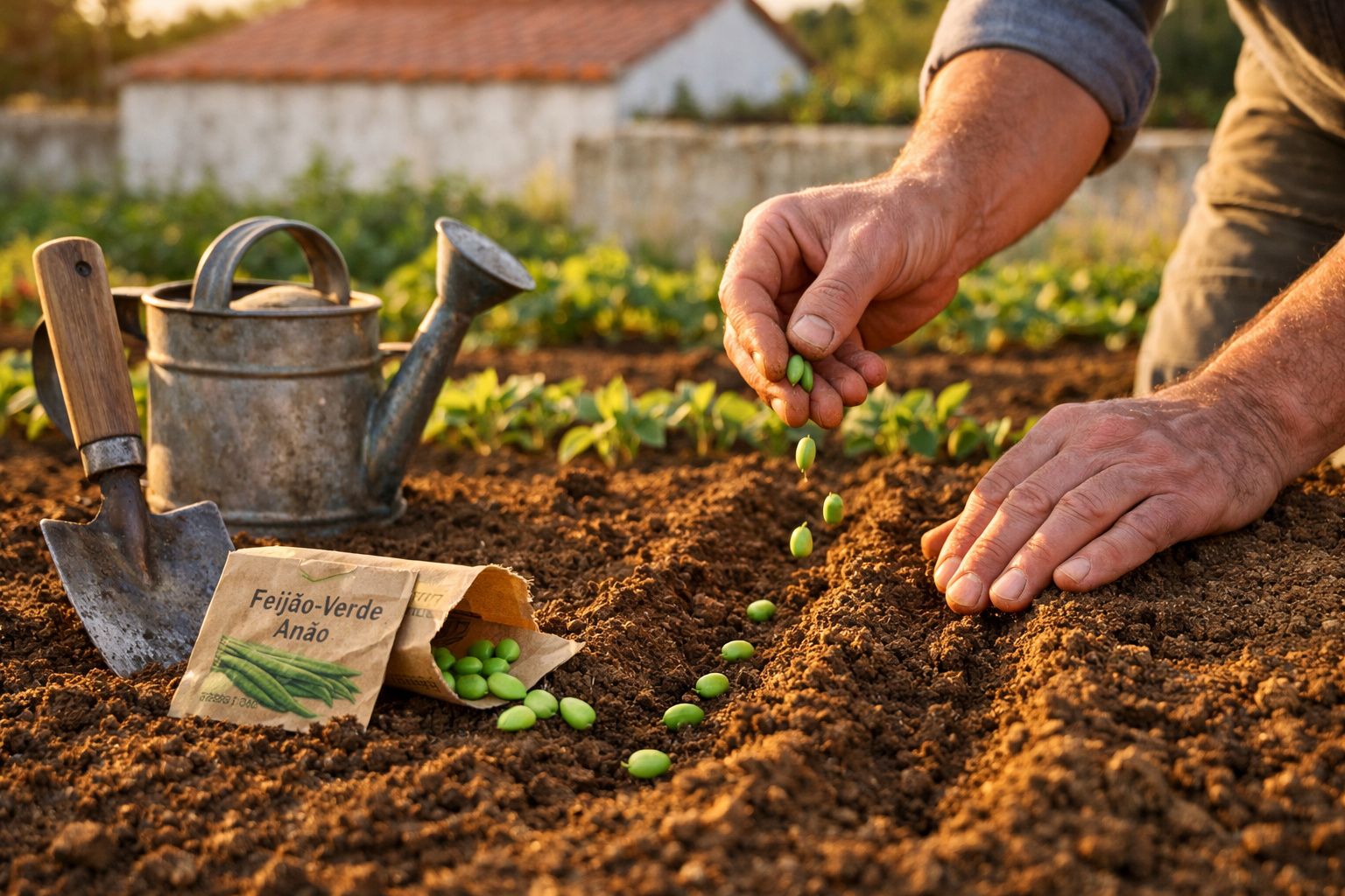 Mãos a semear feijão-verde anão em fileiras de terra agrícola, com regador e enxada ao lado.