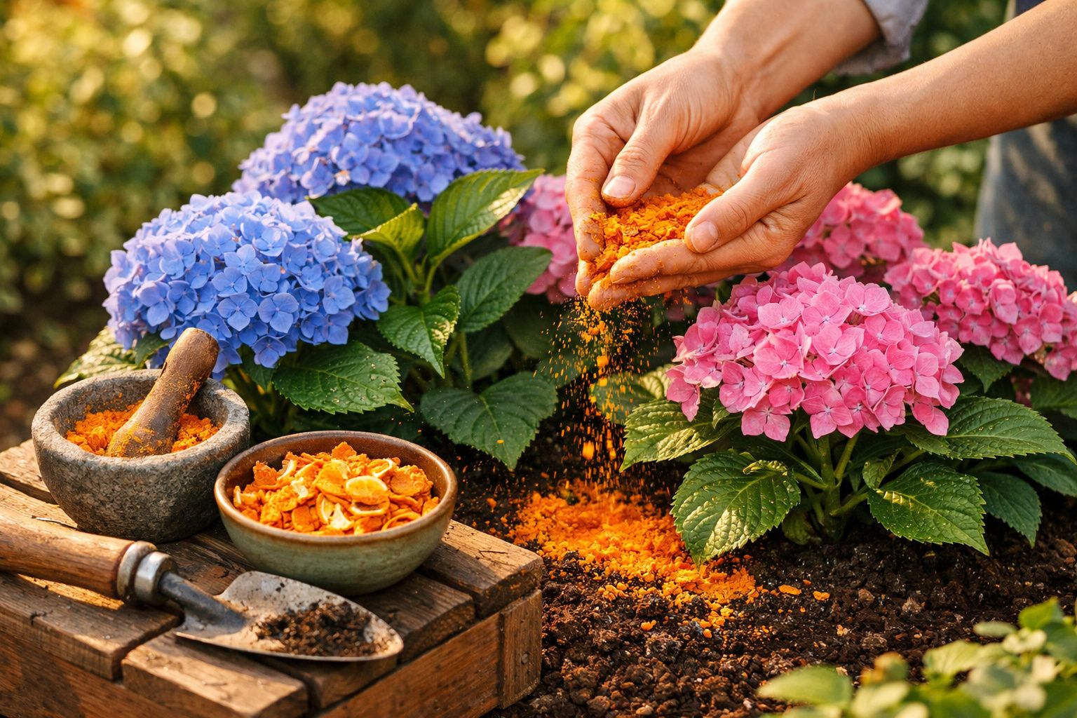 Mãos a espalhar fertilizante laranja em plantas florescendo com flores azuis e rosa num jardim ensolarado.