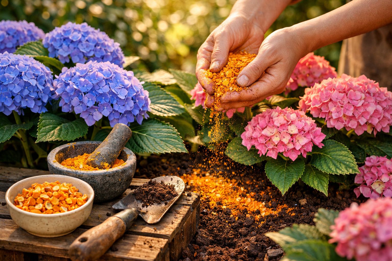 Mãos a aplicar fertilizante amarelo em hortênsias cor-de-rosa num jardim com flores azuis e rosa.