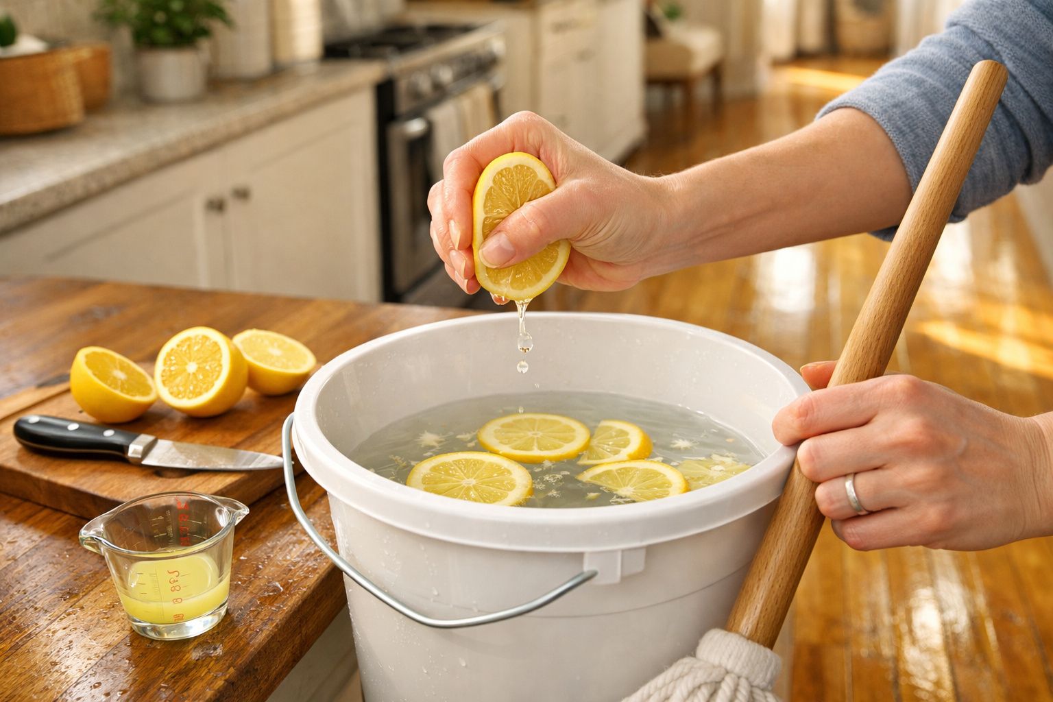 Pessoa a espremer limão sobre balde com água e rodelas de limão numa cozinha.