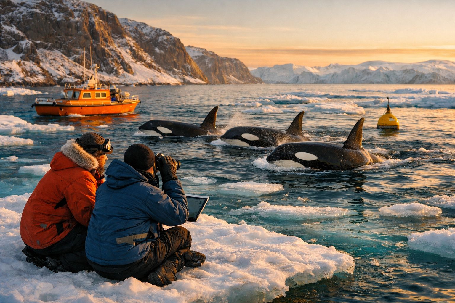 Duas pessoas observam e tiram fotos de três orcas a nadar junto à costa gelada ao pôr do sol.