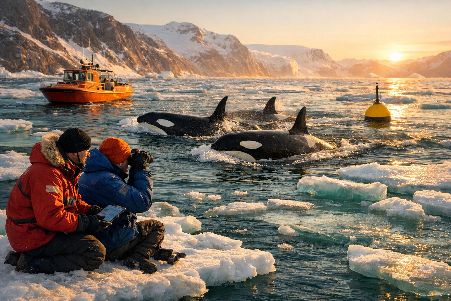 Duas pessoas fotografam três orcas a nadar entre gelo flutuante, com barco e pôr do sol ao fundo.