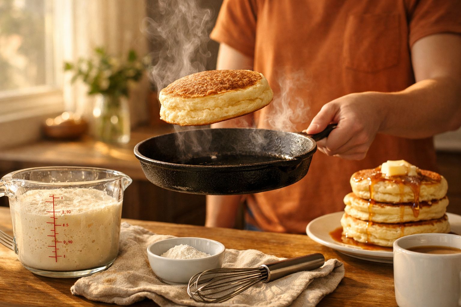Pessoa a cozinhar panquecas fofas numa frigideira, com massa, farinha e café na mesa de madeira.