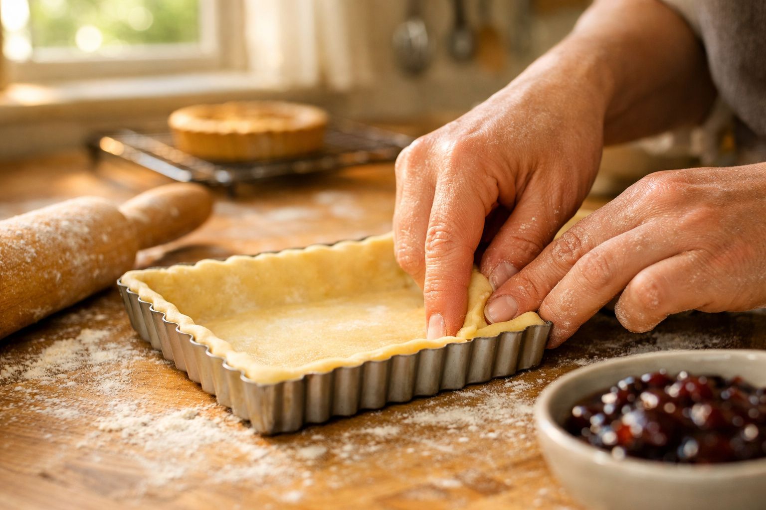 Mãos a ajustar a borda da massa numa forma quadrada para tarte em cozinha com rolo e bowl de recheio.