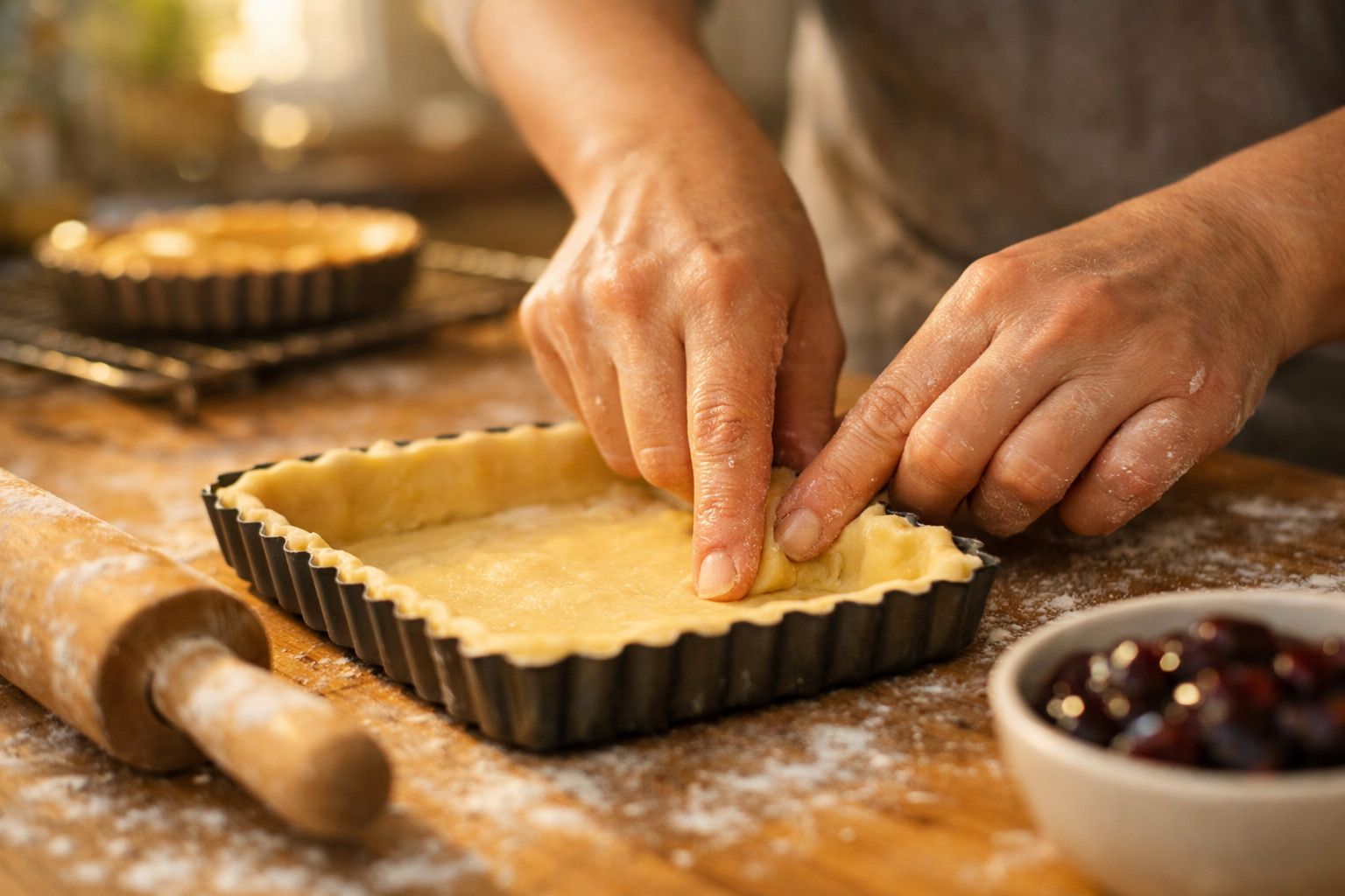 Mãos preparando a borda de uma massa numa forma de tarte quadrada numa cozinha com farinha espalhada.