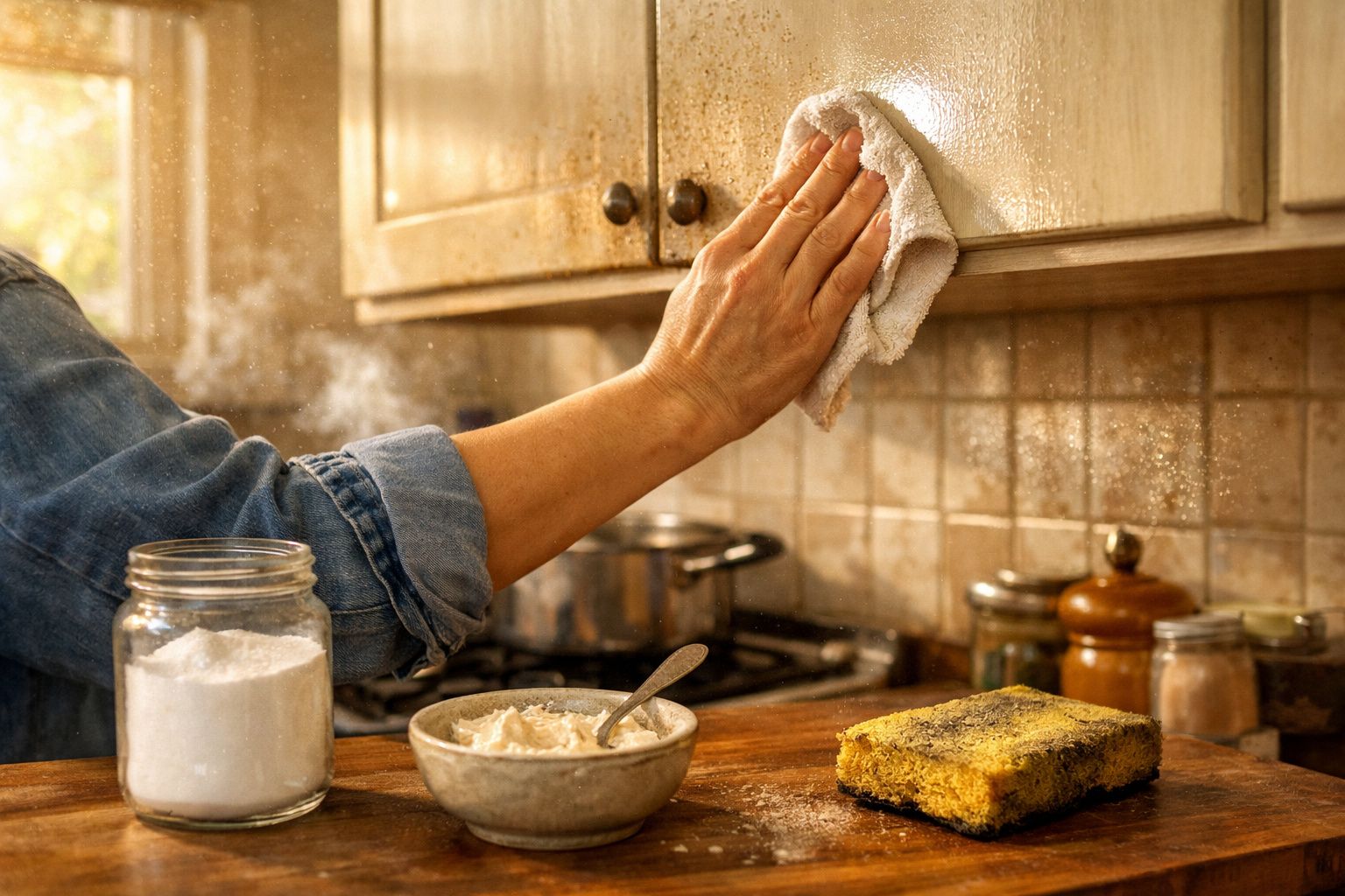 Pessoa a limpar armário de cozinha com pano, com utensílios e ingredientes numa bancada de madeira.