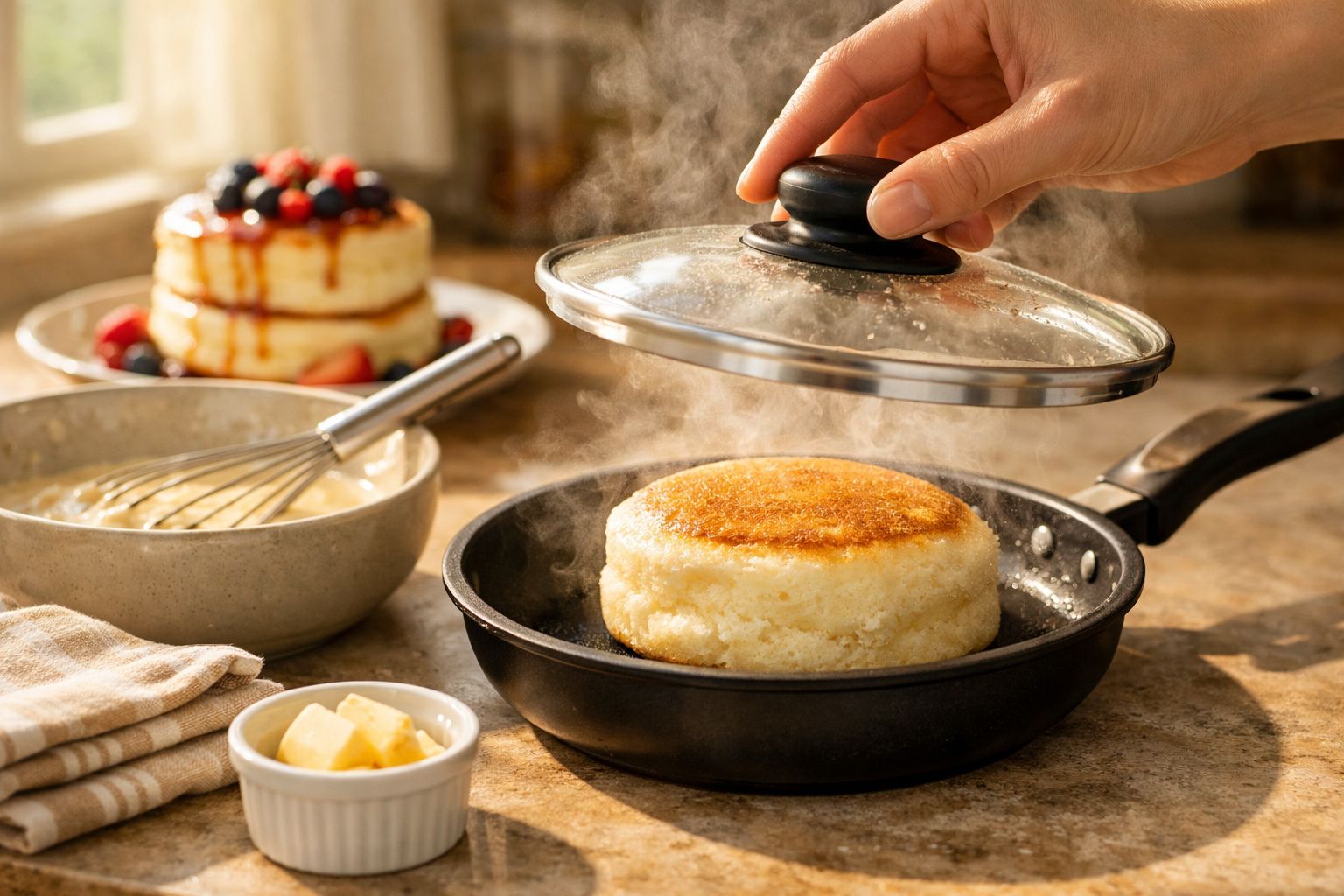 Panqueca alta a cozinhar numa frigideira, com tampa a ser retirada por uma mão.