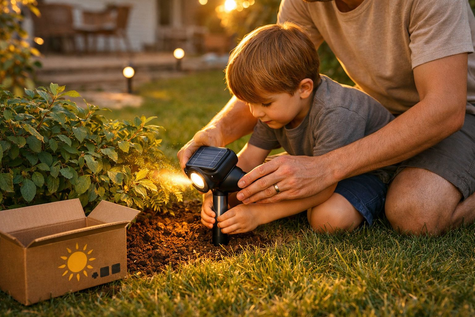 Criança ajuda adulto a instalar luz solar no jardim ao pôr do sol, com caixa e vegetação ao redor.