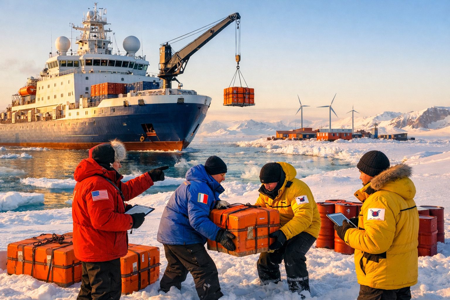 Pessoas em roupa de frio a transportar caixas laranja na neve, com navio e turbinas eólicas ao fundo.
