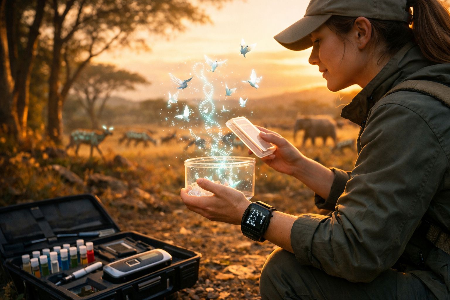 Pessoa com roupa de explorador usa telemóvel para observar luzes azuis e pássaros a sair de um recipiente no campo.