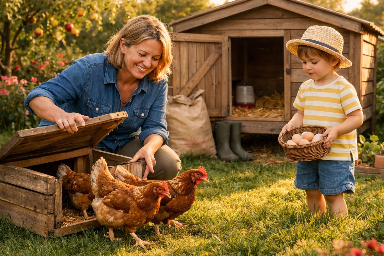Criança com chapéu e mulher a apanhar ovos de galinhas junto a galinheiro em ambiente rural.