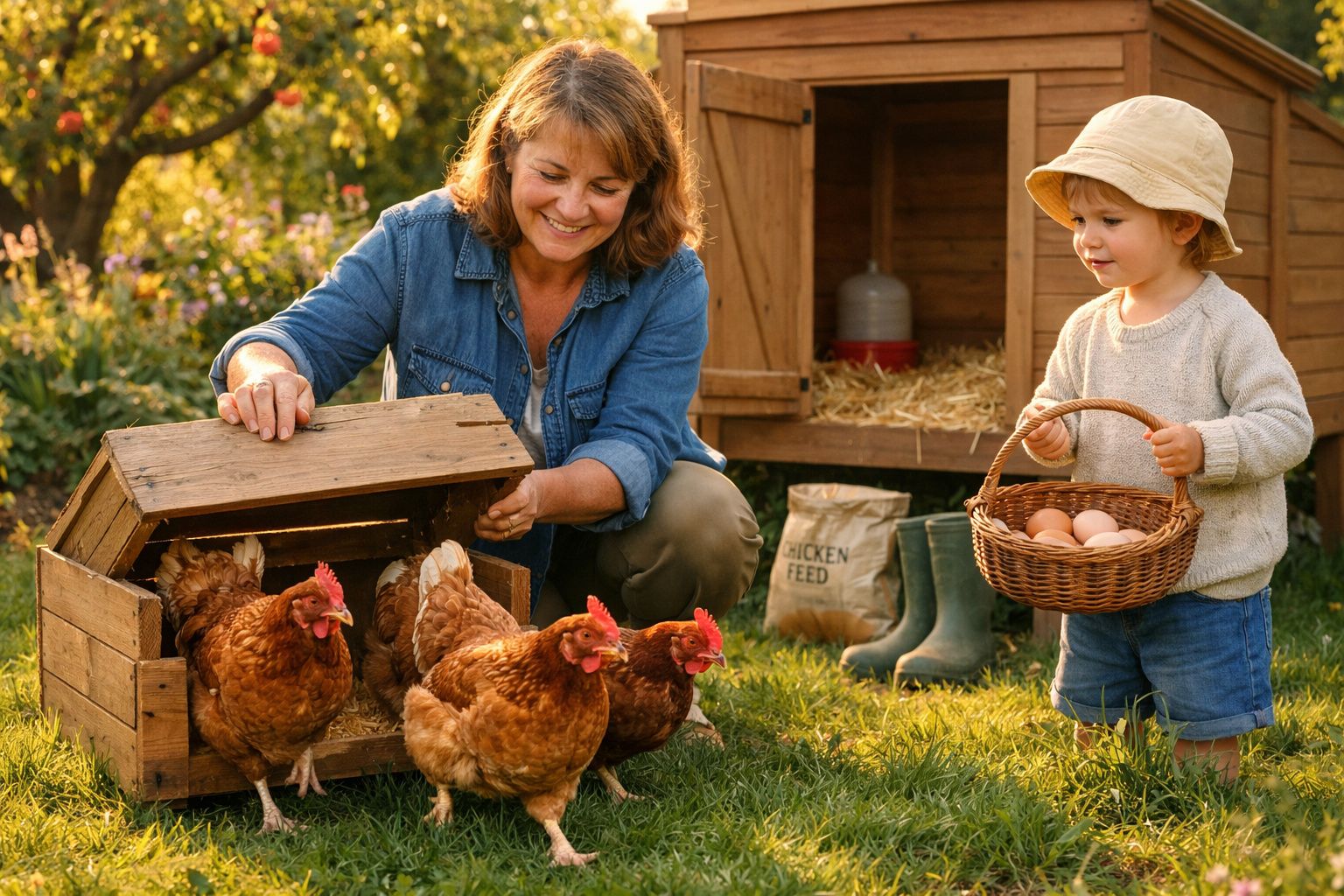 Mulher e criança a recolher ovos de galinhas num galinheiro ao ar livre durante o dia.