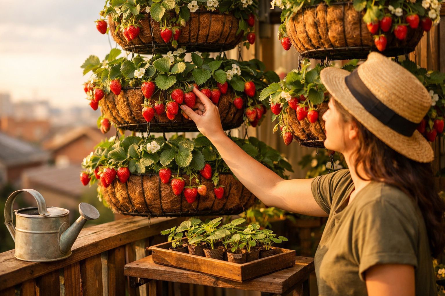 Mulher com chapéu colhendo morangos de vasos pendurados numa varanda iluminada pelo sol.