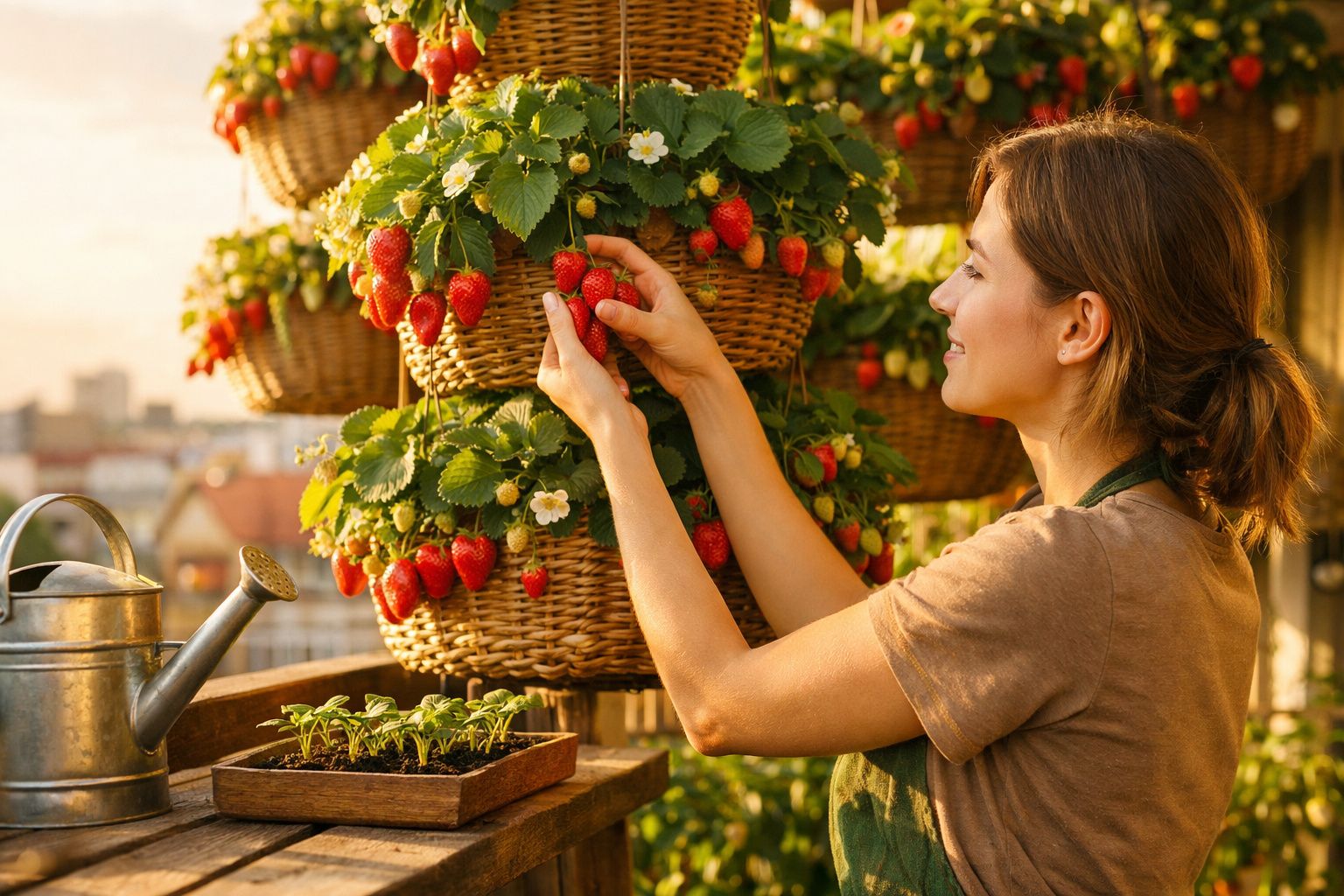 Mulher colhendo morangos em cestos suspensos num jardim urbano ao pôr do sol.