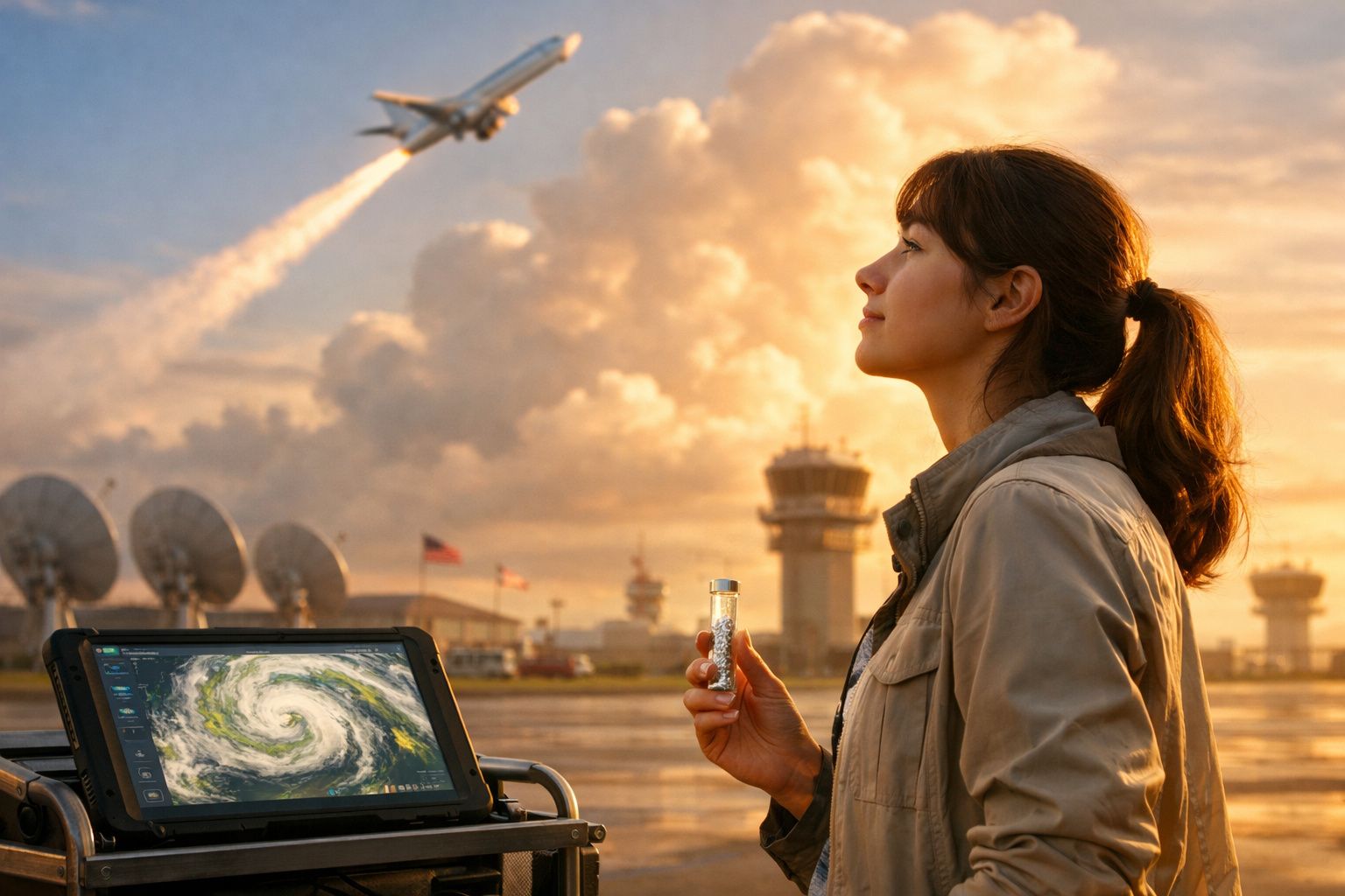 Mulher observando um avião a voar ao pôr do sol num aeroporto, com monitor meteorológico e antenas ao fundo.