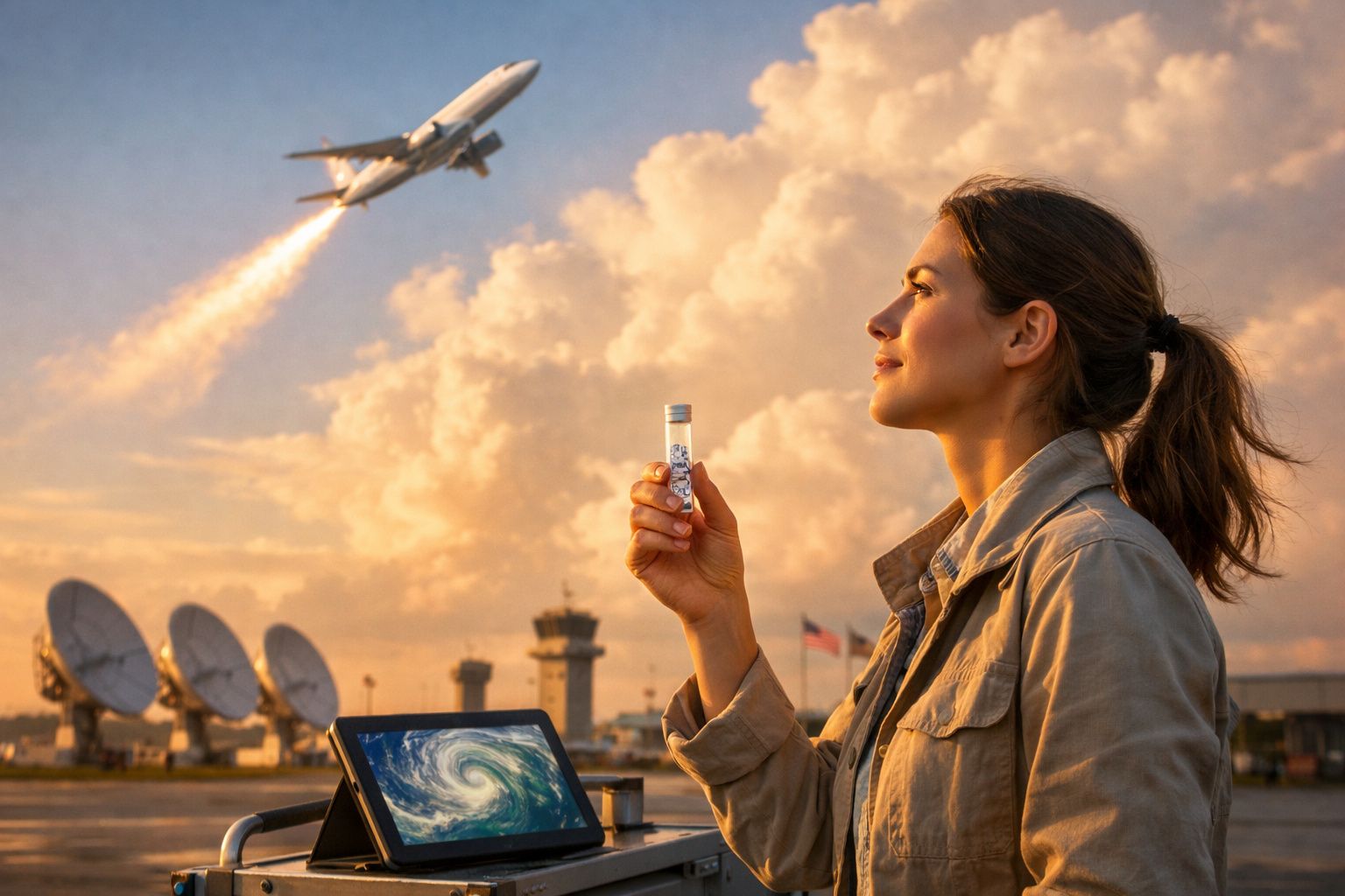 Mulher observa tubo de ensaio com modelo de nuvens, perto de antenas e avião a descolar ao pôr do sol.
