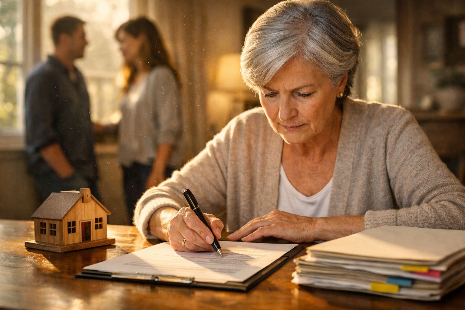 Mulher idosa a assinar documentos à mesa com miniatura de casa, casal desfocado ao fundo.