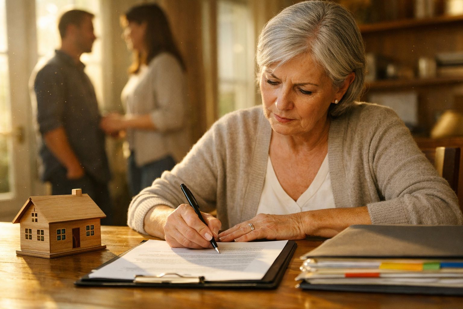Mulher idosa assinando documentos numa mesa com casa de madeira e casal ao fundo desfocado.