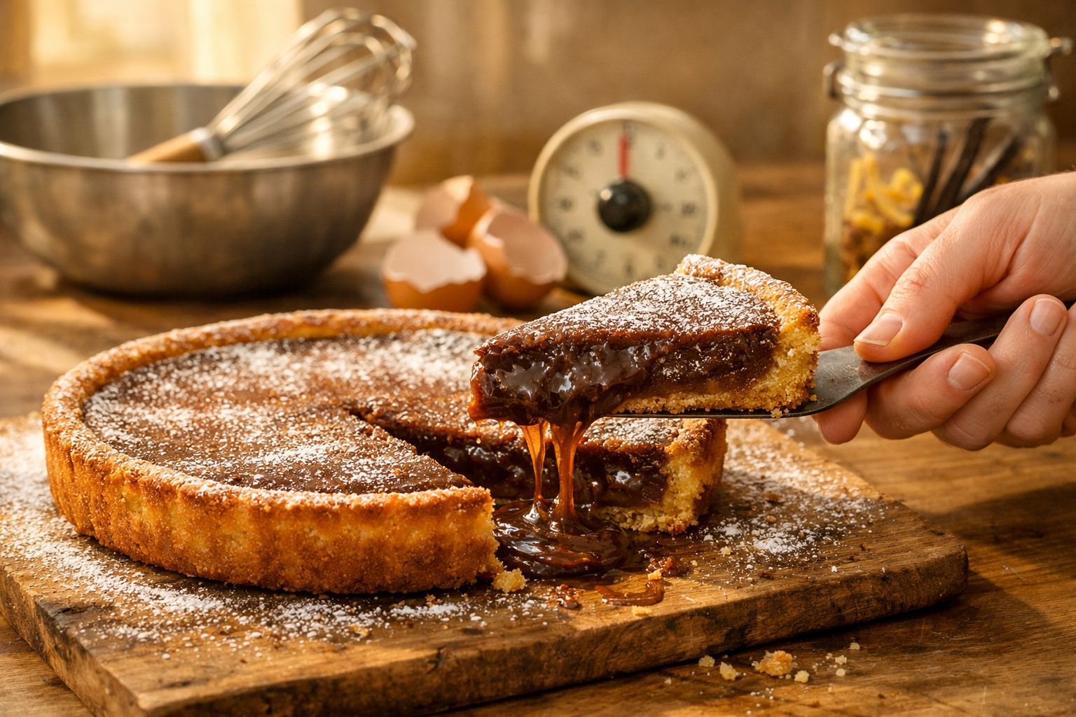 Tarte de chocolate quente com recheio a escorrer, polvilhada com açúcar em pó sobre tábua de madeira.