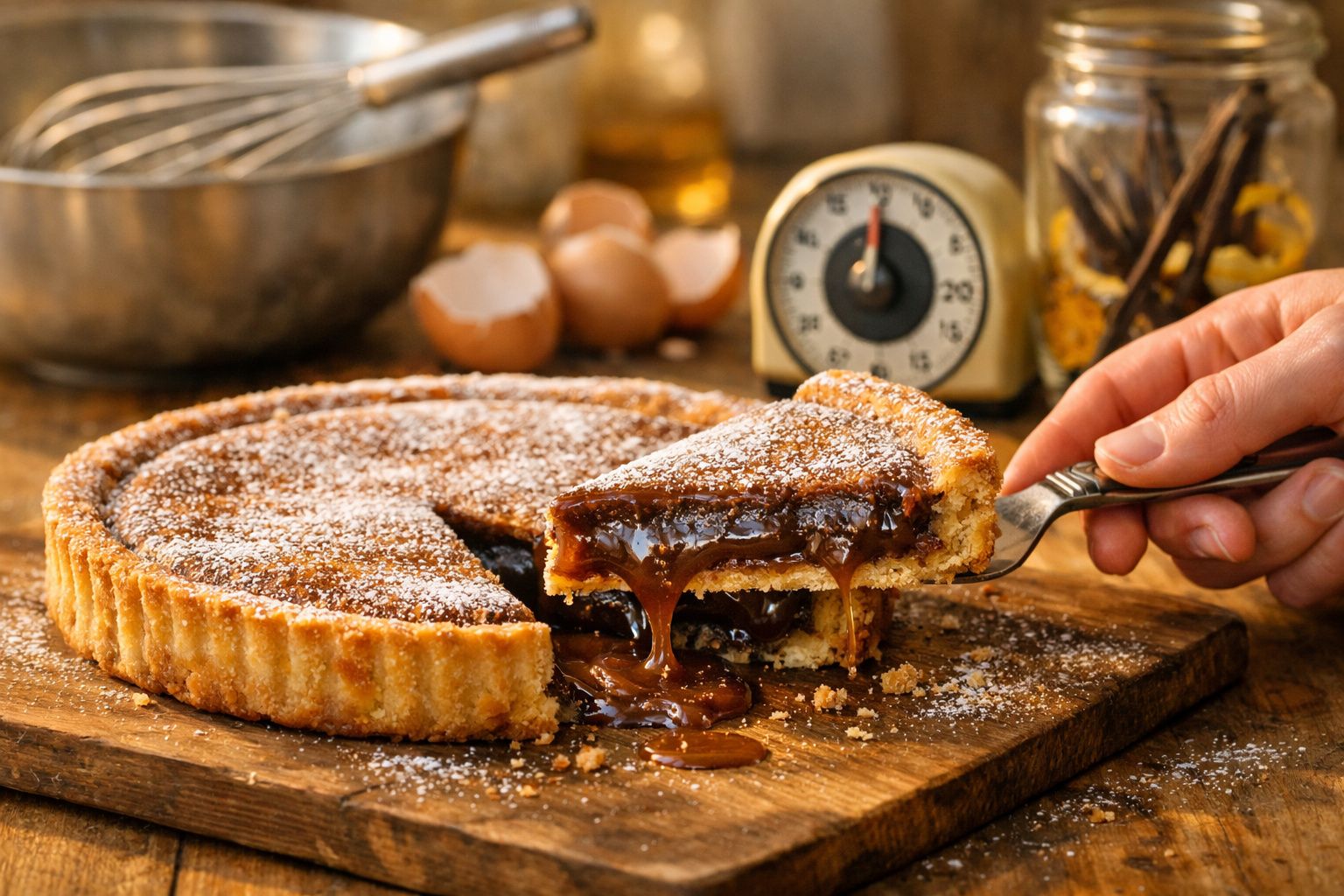 Tarte com recheio de chocolate derretido, polvilhada com açúcar em pó, sobre tábua de madeira.