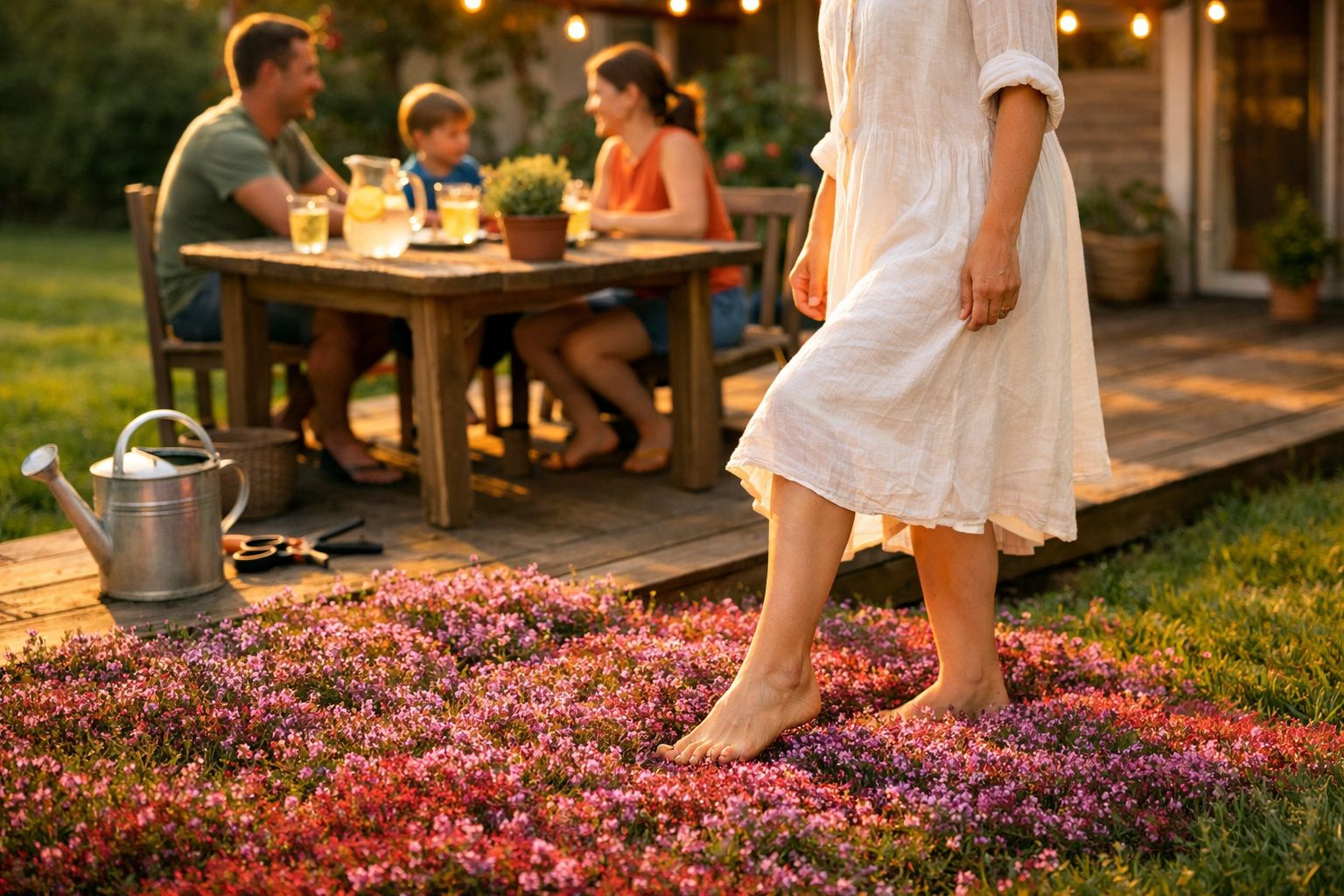 Pessoa de vestido branco a caminhar em flores cor-de-rosa com família sentada à mesa ao fundo num jardim.