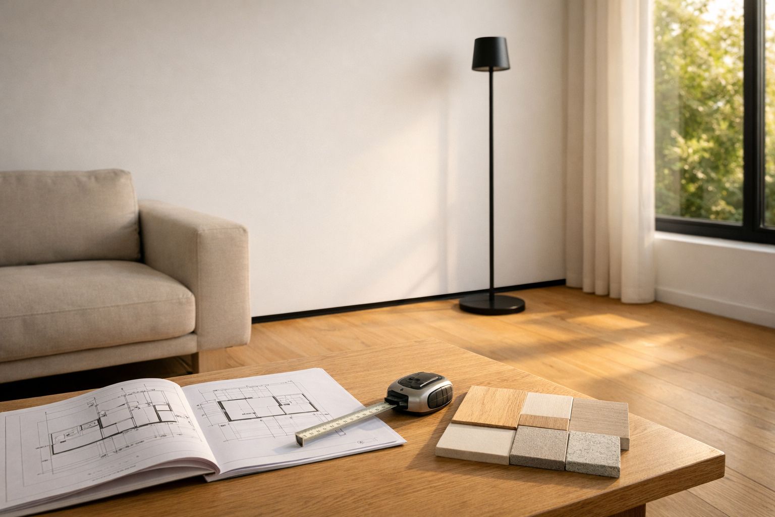 Sala moderna com sofá bege, planta arquitetónica, régua, amostras de materiais e grande janela com luz natural.