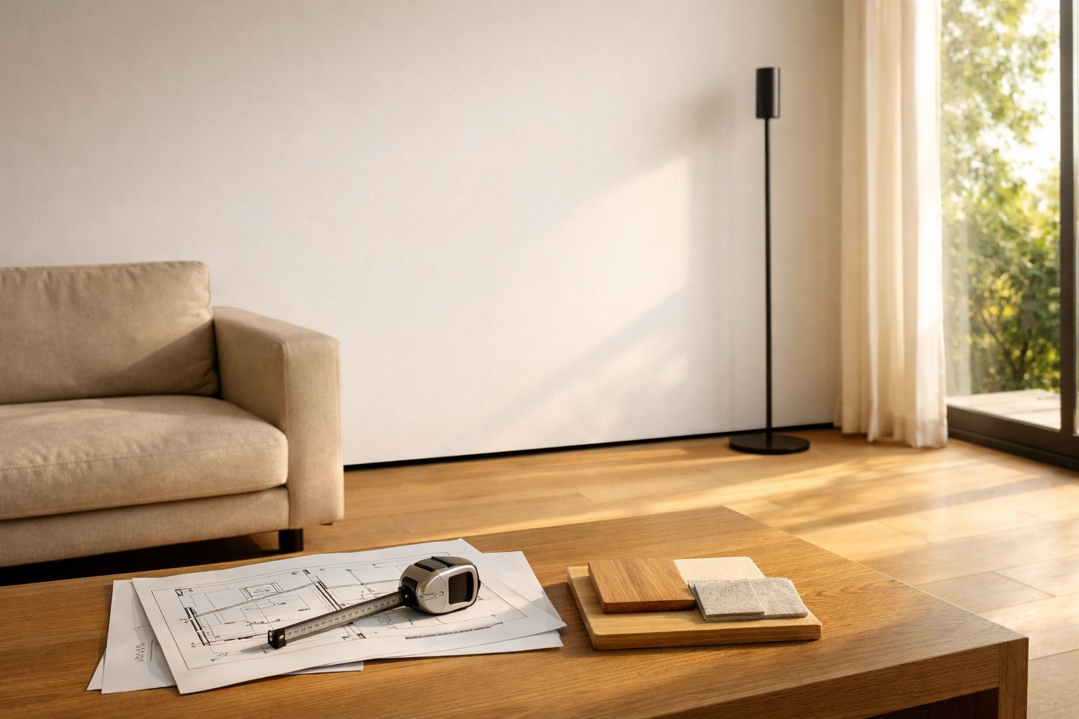 Sala de estar minimalista com sofá bege, régua de medição, plantas de arquitetura e amostras de madeira.