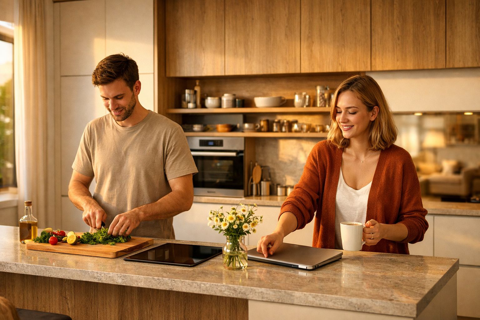 Casal na cozinha: homem a picar ervas e mulher a segurar chávena junto a portáteis fechados.