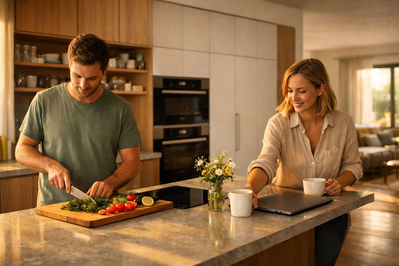 Casal na cozinha, homem a cortar ervas e tomate e mulher a pegar numa chávena de café.