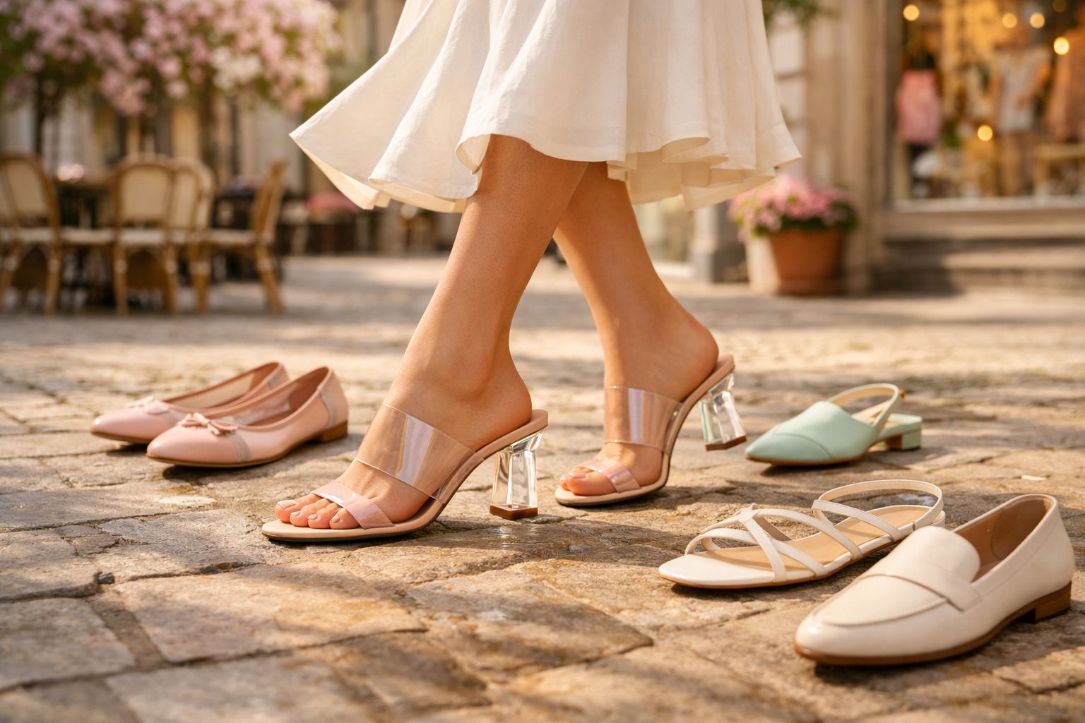 Mulher a usar sandálias transparentes com salto, rodeada por vários pares de sapatos femininos ao ar livre.