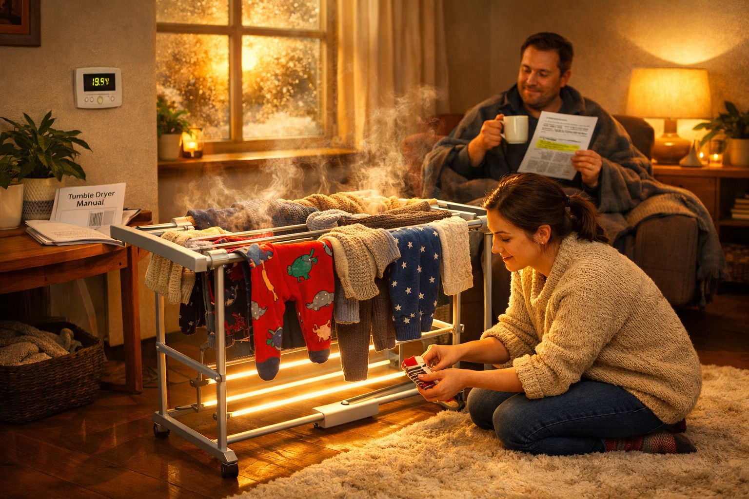 Casal em casa, mulher pendura roupa quente a secar em estendal elétrico, homem bebe chá ao fundo.