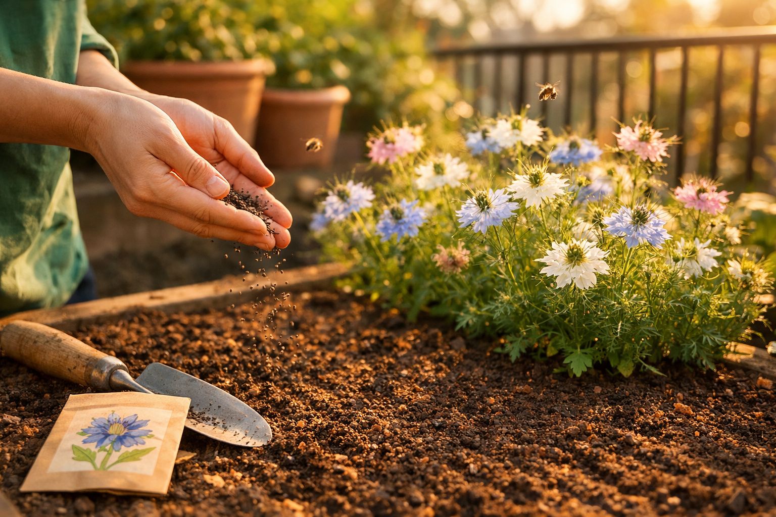 Pessoas a semear sementes em terra de canteiro junto a flores coloridas e ferramenta de jardinagem.