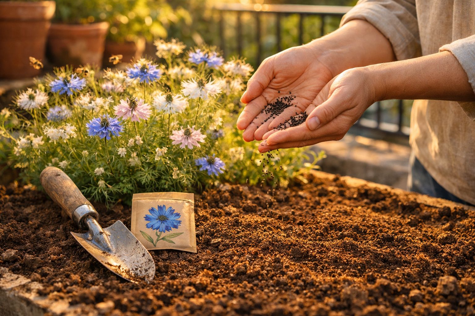 Mãos semeando sementes pretas em terra fofa perto de flores e uma enxada num jardim iluminado pelo sol.