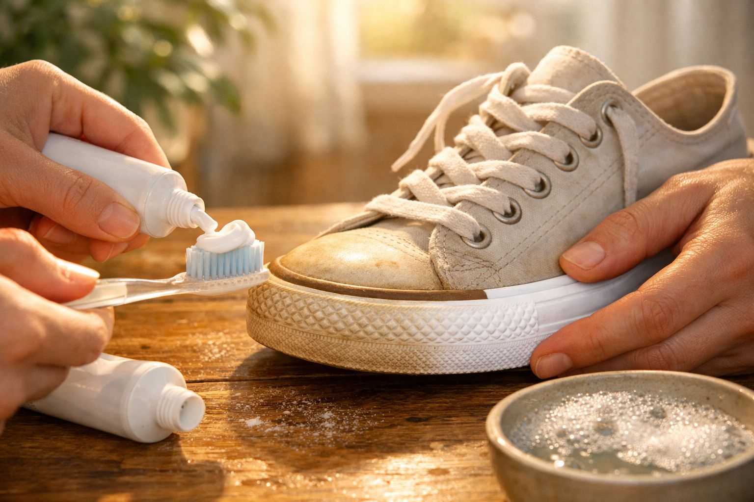 Pessoa a colocar pasta num pincel de dentes para limpar ténis branco gasto sobre mesa de madeira.