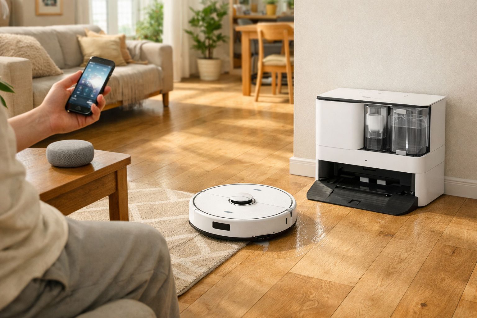 Pessoa controla aspirador robô branco com telemóvel numa sala de estar moderna com chão de madeira.