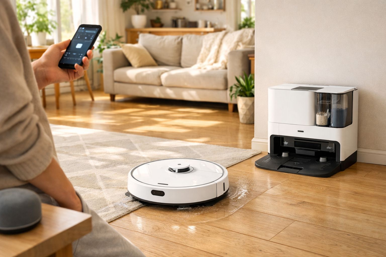 Robot aspirador branco a limpar chão de madeira enquanto é controlado por smartphone.