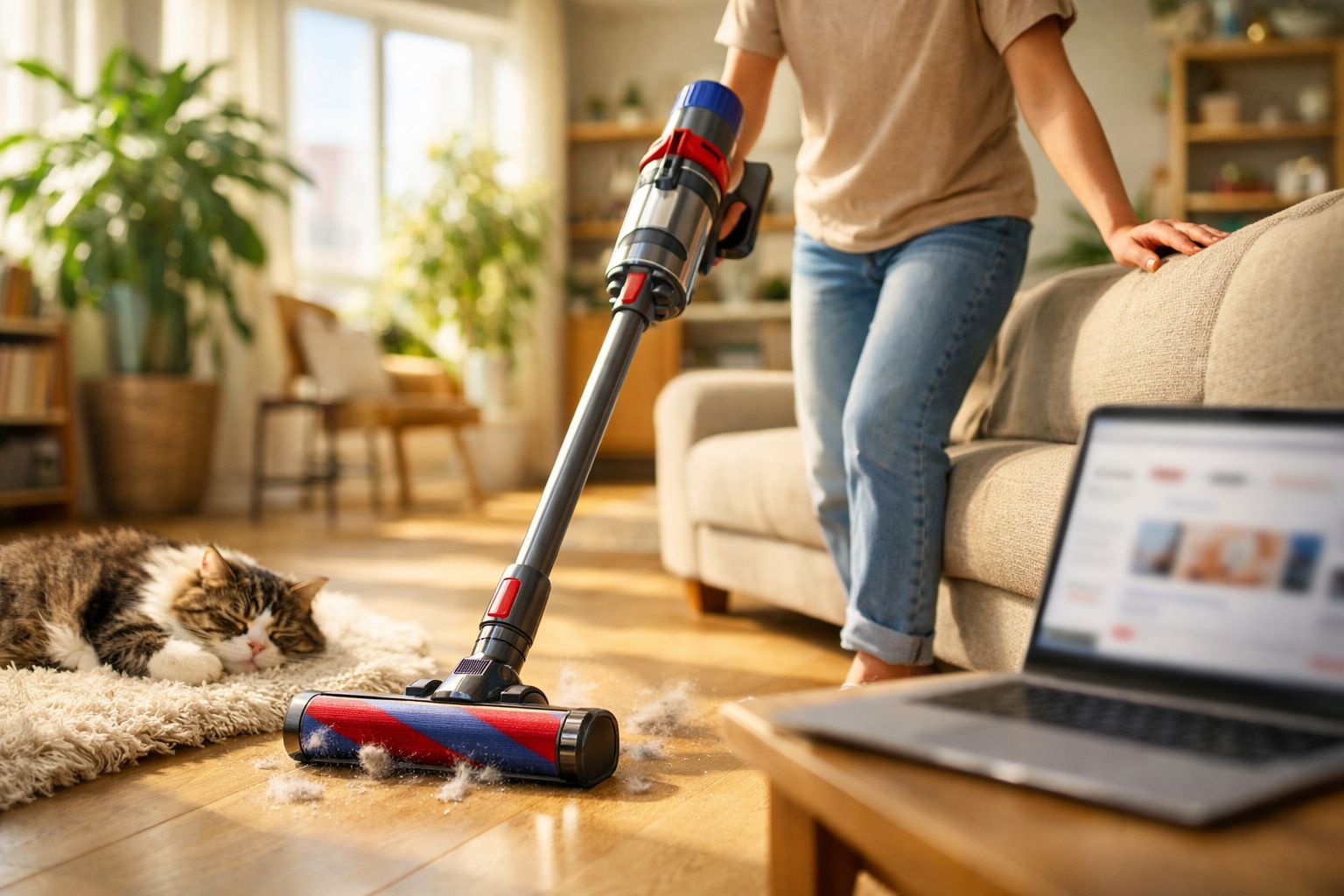 Pessoa a aspirar o chão de madeira numa sala com um gato a dormir num tapete e um computador portátil aberto.