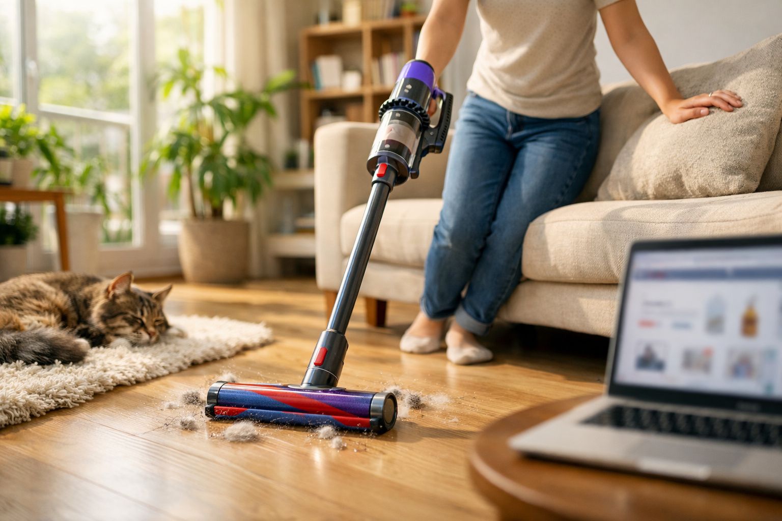 Pessoa a aspirar pó do chão de madeira numa sala com um gato a descansar num tapete ao lado.