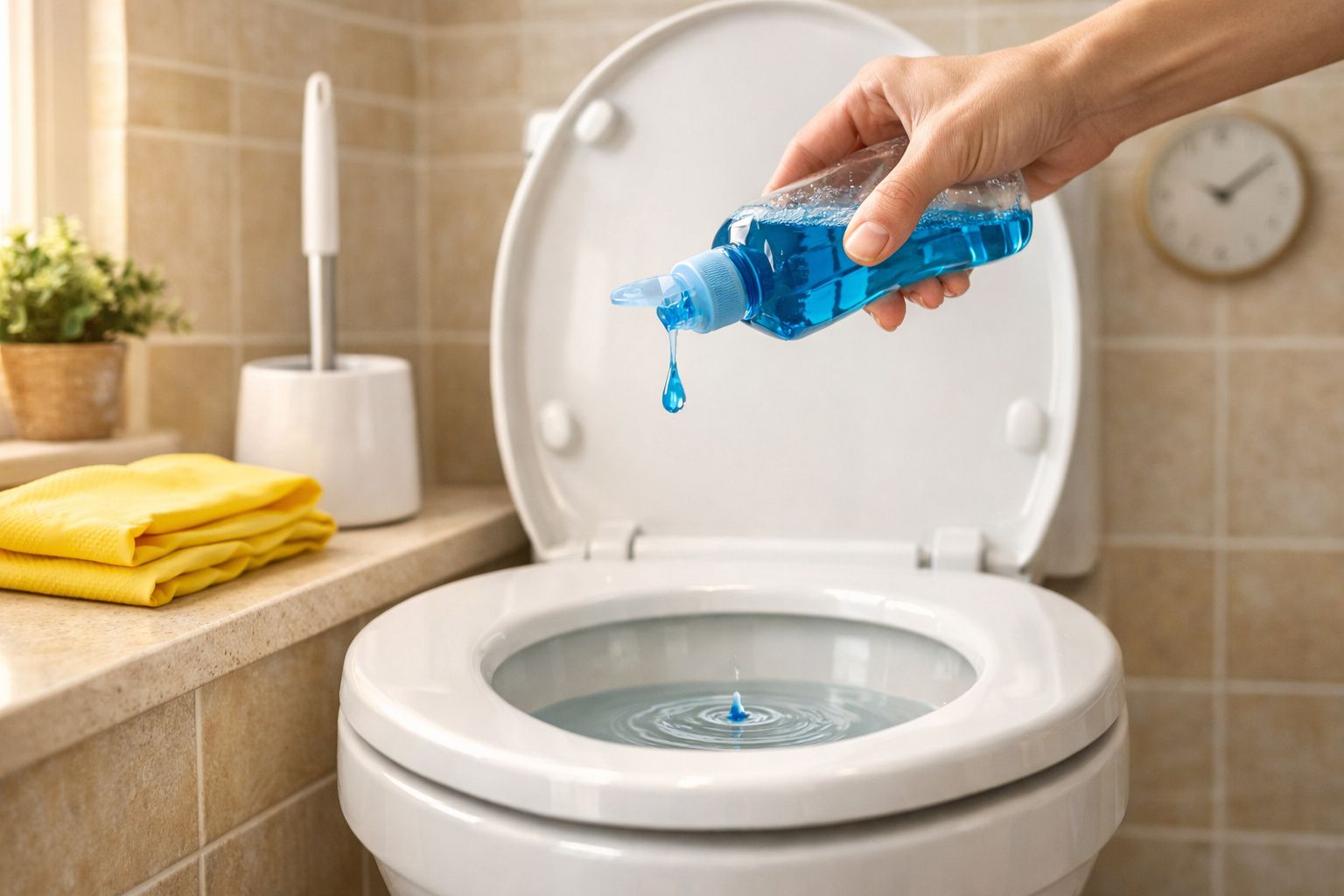 Mão a deitar líquido desinfetante azul no interior da sanita branca num casa de banho.