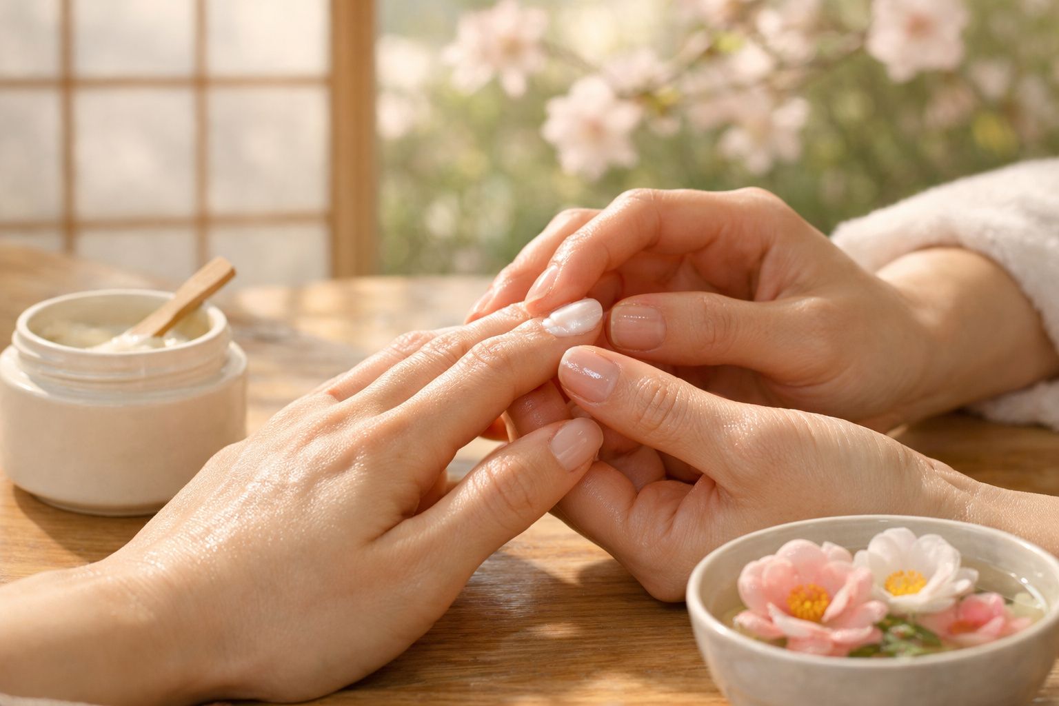 Mãos femininas aplicando creme hidratante numa mão sobre mesa de madeira com flores e creme ao fundo.