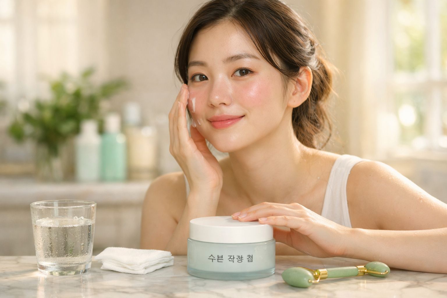 Mulher aplicando creme facial num ambiente iluminado, com copo de água e utensílios de cuidado da pele à frente.