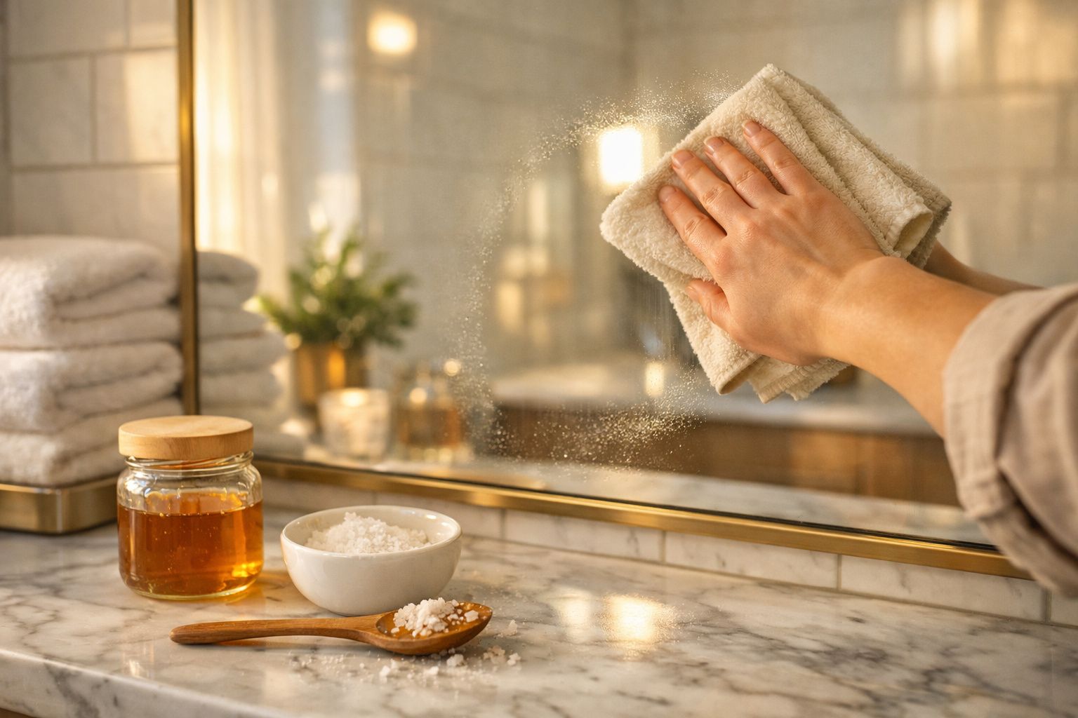 Mãos a limpar um espelho com um pano, com frasco de mel, sal em tigela e colher numa bancada de mármore.