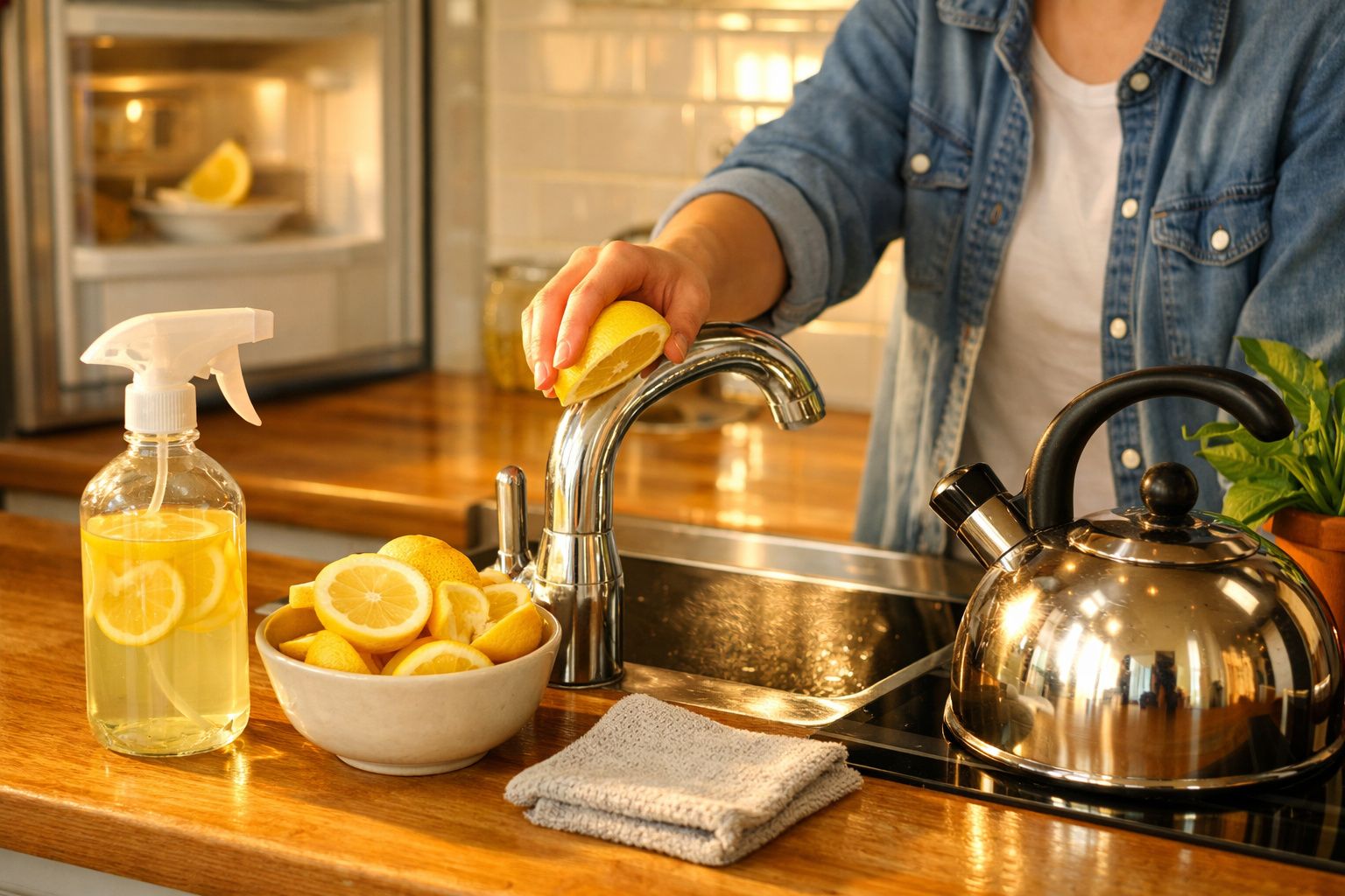Pessoa a espremer limão para colocar na torneira da cozinha junto a um jarro com limões e uma chaleira metálica.