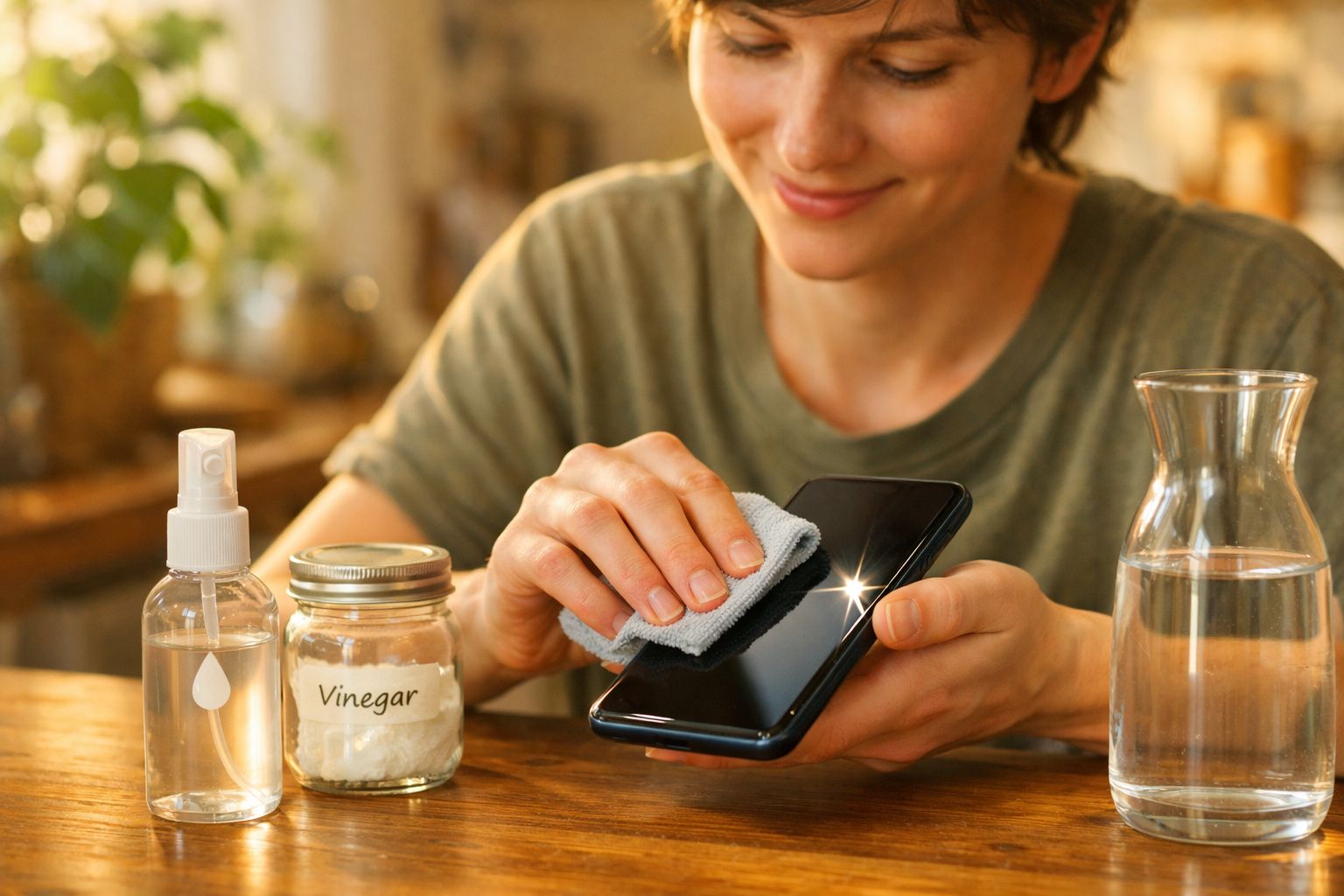 Pessoa a limpar e desinfetar ecrã de smartphone com pano e vinagre num ambiente caseiro.