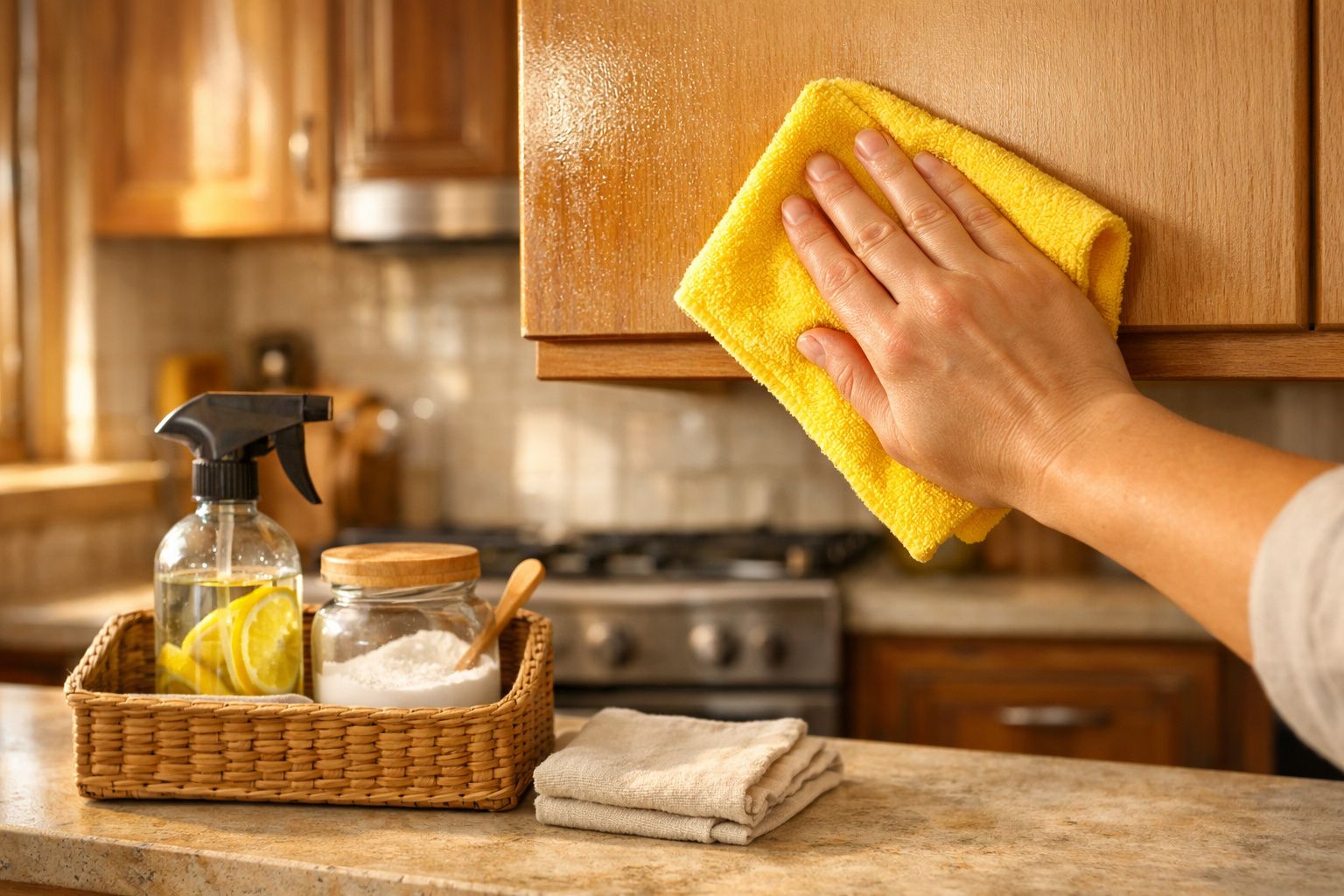 Pessoa a limpar um armário de cozinha com um pano amarelo e utensílios de limpeza numa bandeja ao lado.