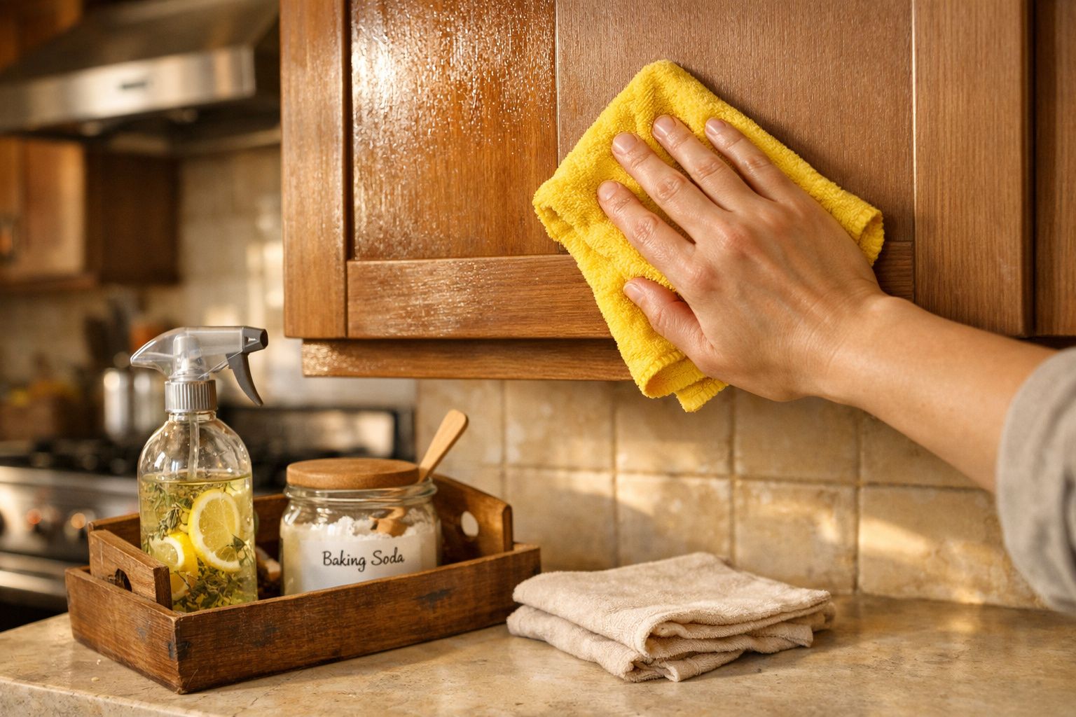 Pessoa a limpar uma porta de armário de cozinha em madeira com um pano amarelo.
