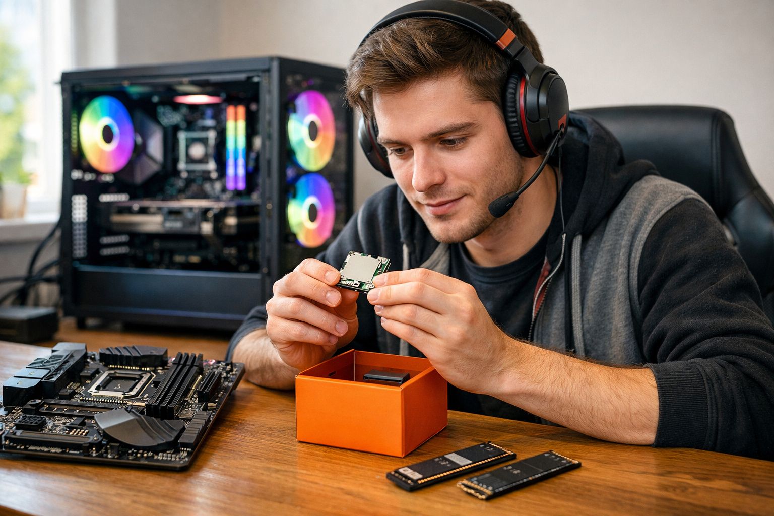 Homem reparando componente de computador com headset, perto de peças de hardware numa secretária.